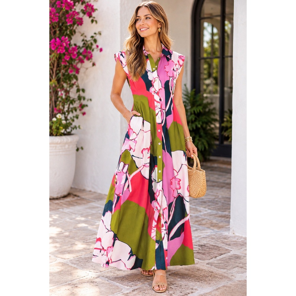 Crosby by Mollie Burch Pink Olive Floral Button Front Midi Dress Pockets Small